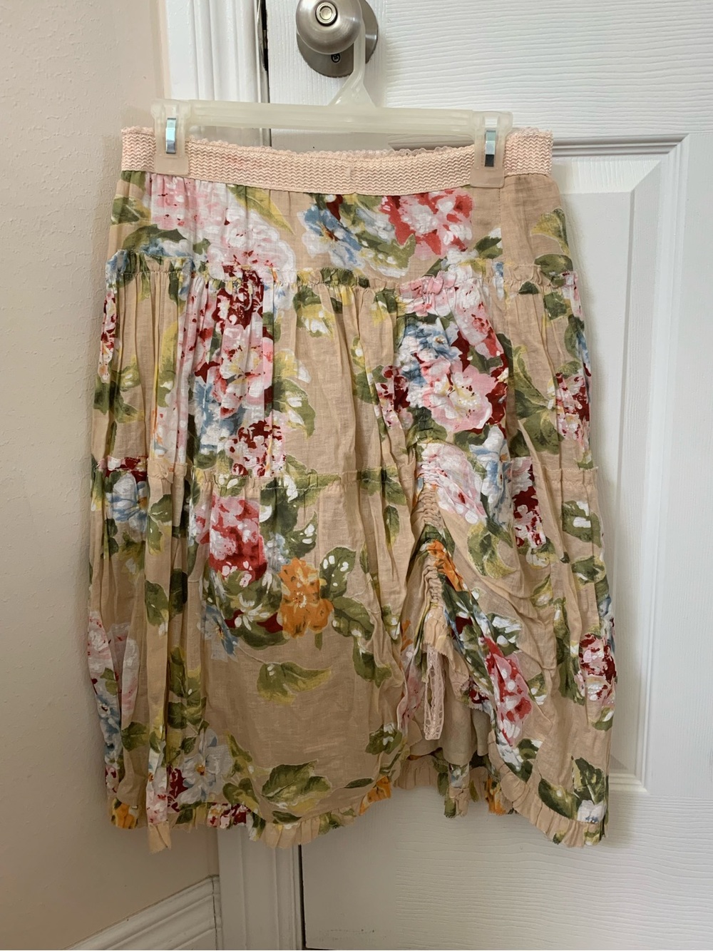 Floral Tiered Midi Skirt - Beige Pink Green